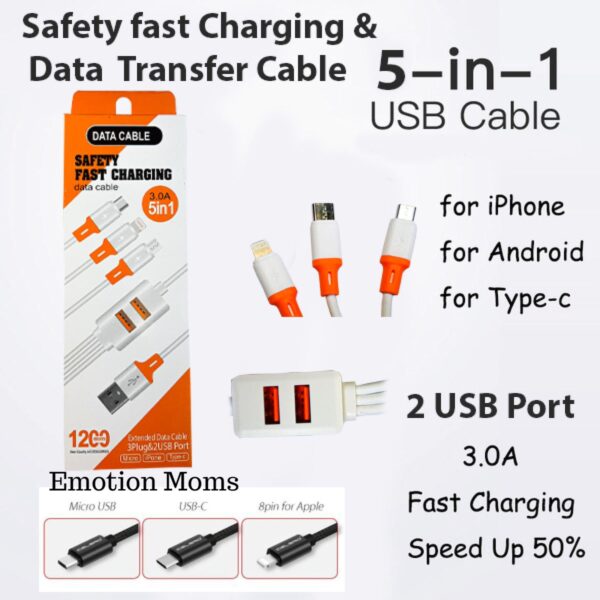 Safety Fast Charging Data Cable 5 in 1,Fast Charging and Data Transfer