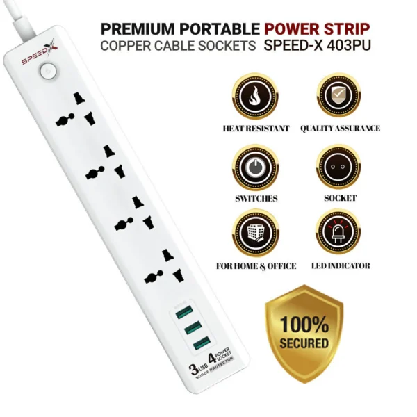 Speed-X403PU Premium Portable Power Strip 4SOCKET+3USB PORT