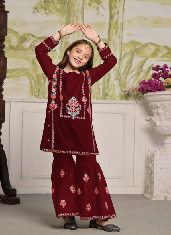 2 Pcs Girls' Cotton Embroidered Kurta and Trouser