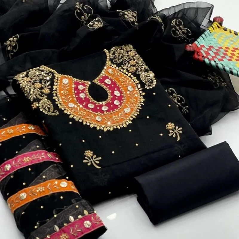 Organza 3-Piece Suit for Women Unstitched Handmade Aari Zari & Beads Work (4)