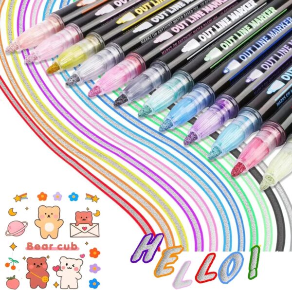 Double Line Outline Glitter Marker Pens Creative Dual Effect Writing And Drawing