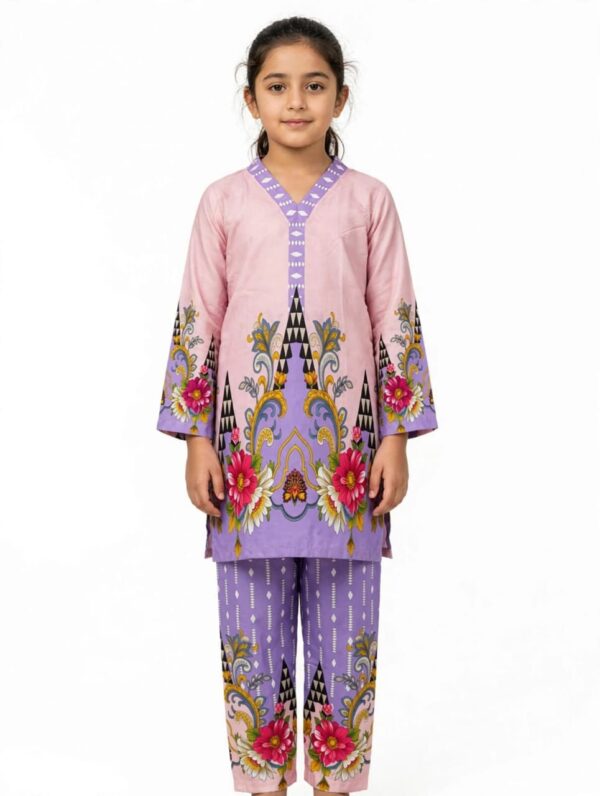 Girls Purple Printed Stitched Co Ord Set With Long Sleeve Shirt And Matching Trouse